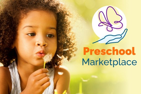 Preschool Marketplace thumbnail with the project logo and a photo of a little girl blowing dandelion seeds